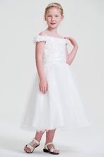 White Organza Off Shoulder Corset lace - up Beaded Flower Girl Dress