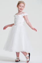 White Organza Off Shoulder Corset lace - up Beaded Flower Girl Dress