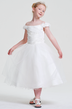 White Organza Off Shoulder Corset lace - up Beaded Flower Girl Dress