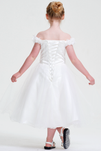 White Organza Off Shoulder Corset lace - up Beaded Flower Girl Dress