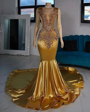 Deep V-Neck Gold Mermaid Rhinestone Satin Prom Dress