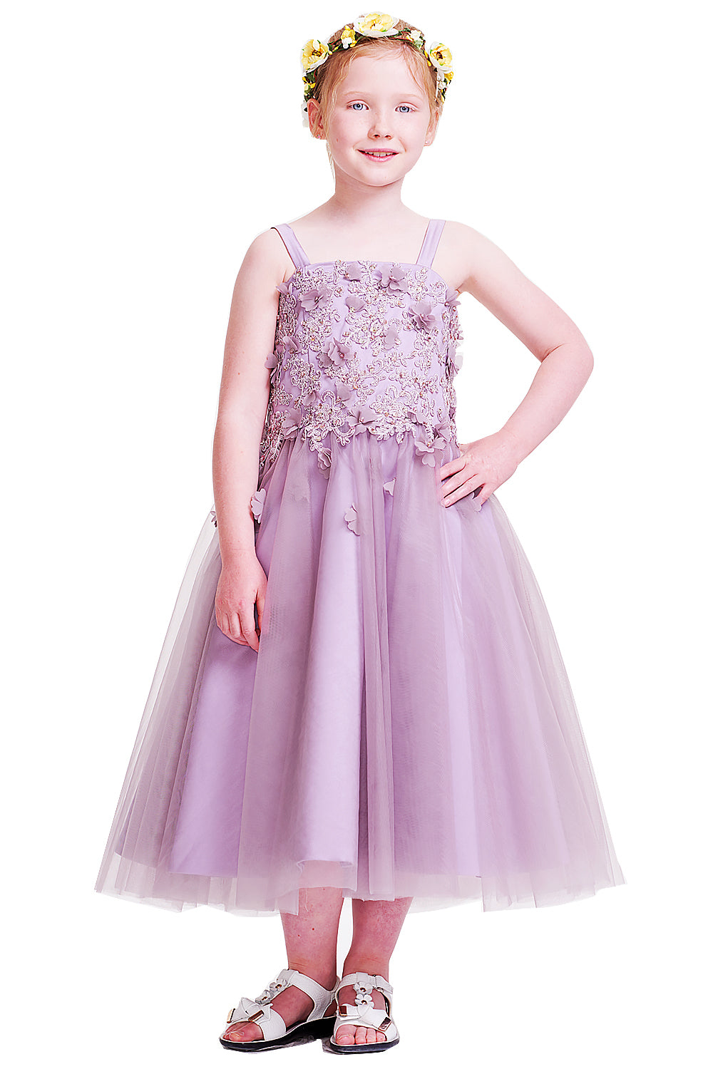 Square-Neck Tulle A-Line Flower Girl Dress with 3D Flowers