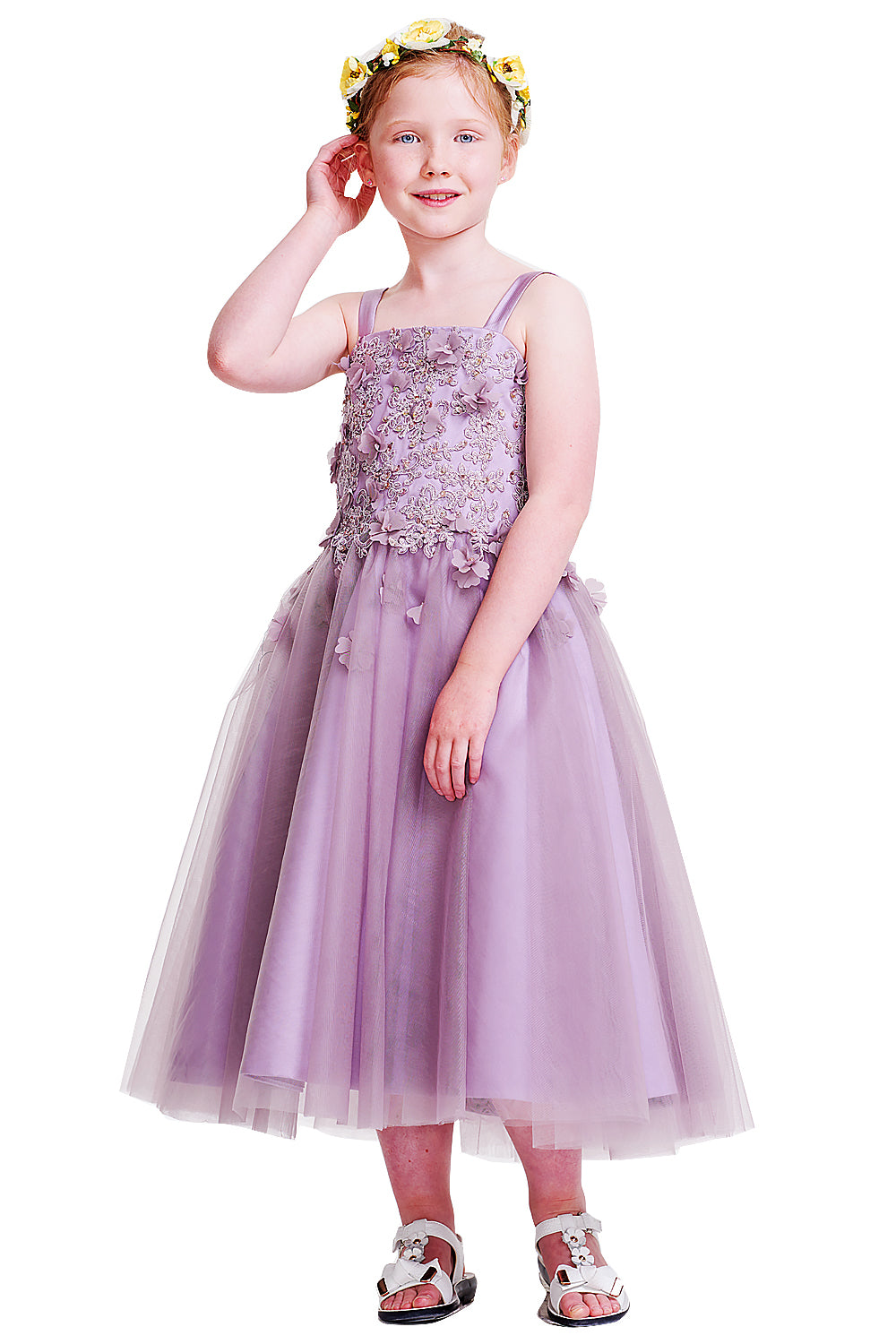 Square-Neck Tulle A-Line Flower Girl Dress with 3D Flowers