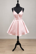 Blushing Pink Open-Back Pleated Satin A-Line Short Homecoming Dress
