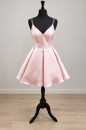 Blushing Pink Open-Back Pleated Satin A-Line Short Homecoming Dress