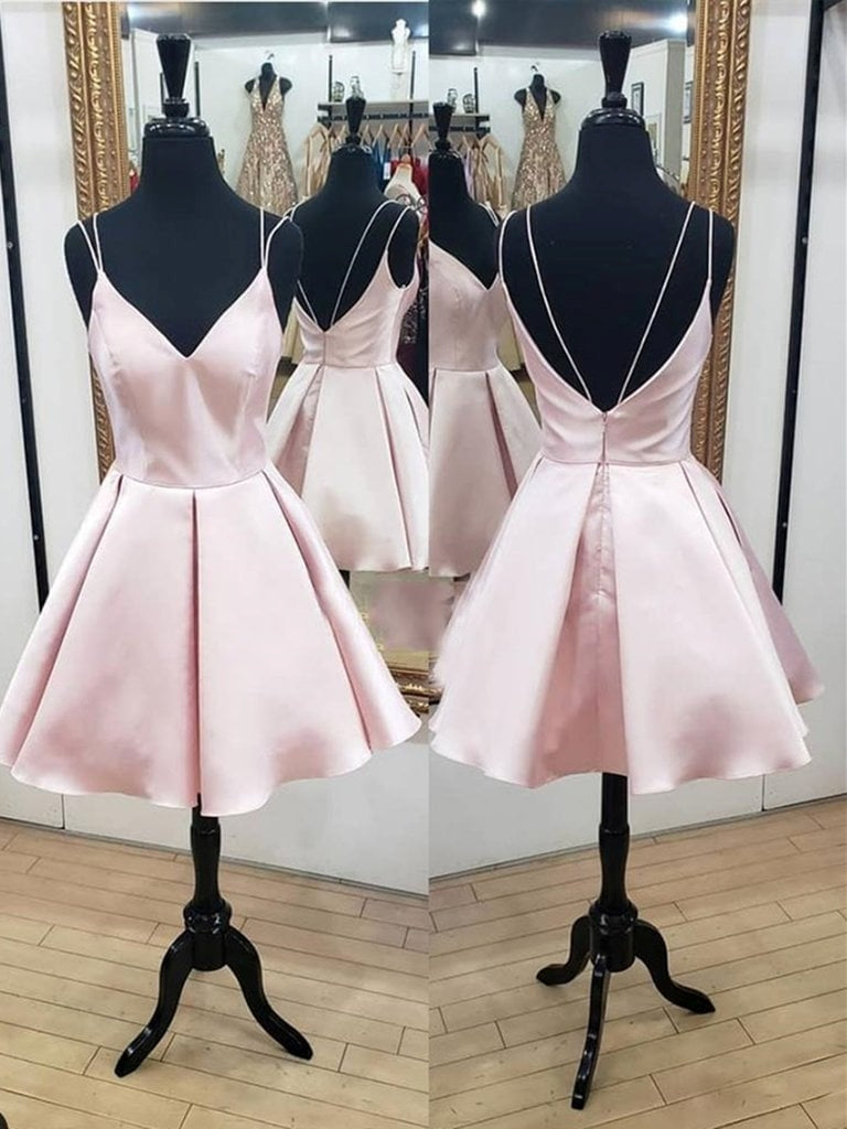 Spaghetti Straps V-neck Backless Satin Pink Homecoming Dresses