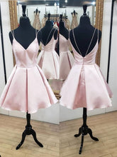 Spaghetti Straps V-neck Backless Satin Pink Homecoming Dresses