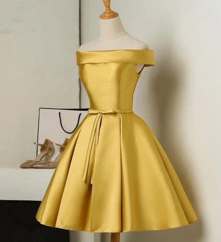 A-Line Gold Short Off-the-Shoulder Satin Homecoming Dress
