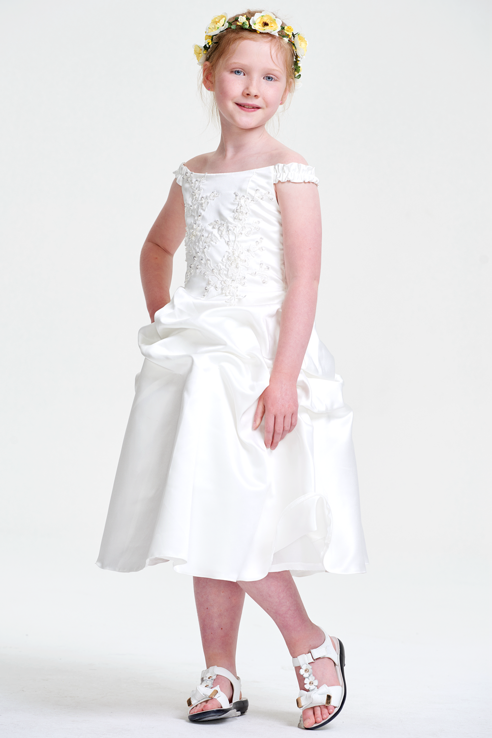 Off Shoulder Wrinkles Knee-Length Beaded White Satin Flower Girl Dress