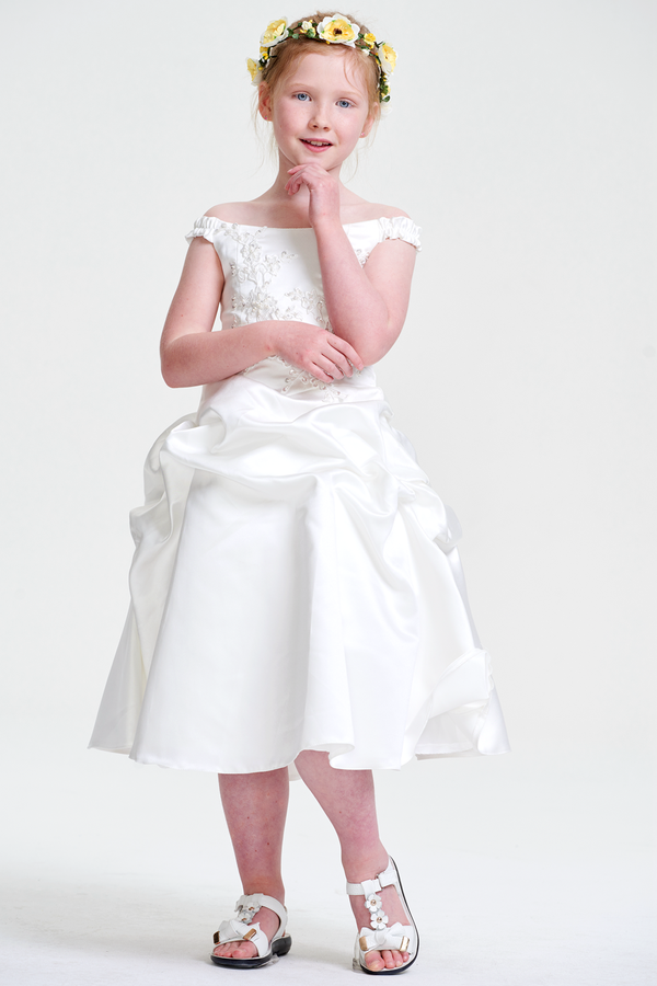Ivory Lace-Up Off-the-Shoulder Satin Flower Girl Dress with Pick-Up Skirt