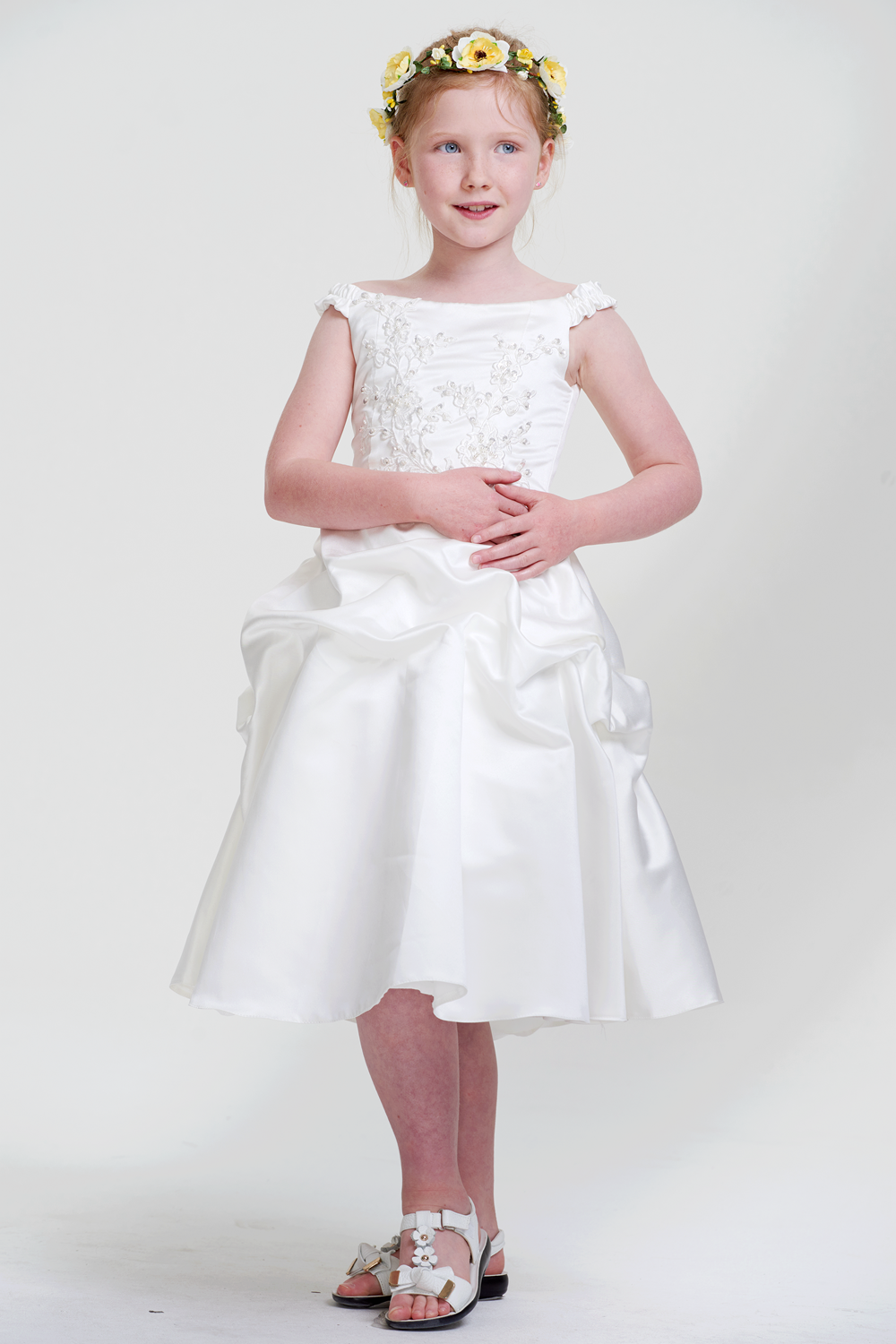 Lace-Up Off-the-Shoulder Satin Flower Girl Dress with Pick-Up Skirt