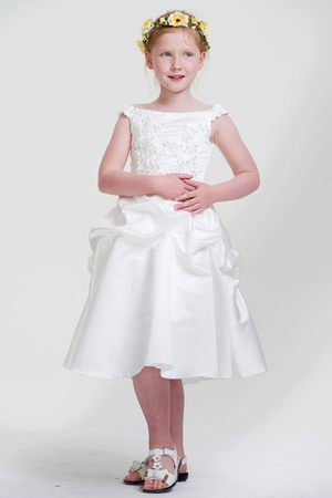 Ivory Lace-Up Off-the-Shoulder Satin Flower Girl Dress with Pick-Up Skirt