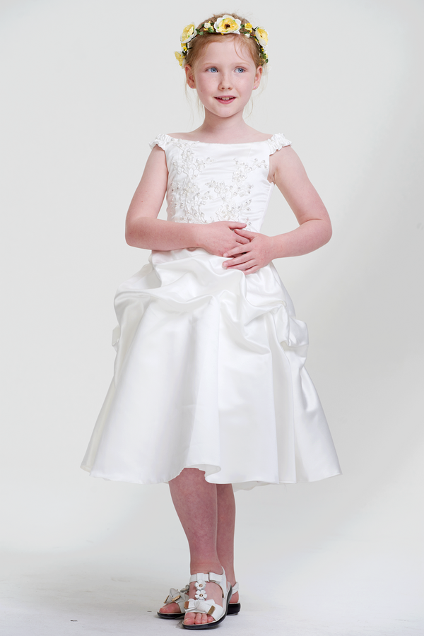 Ivory Lace-Up Off-the-Shoulder Satin Flower Girl Dress with Pick-Up Skirt