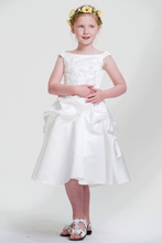 Off Shoulder Wrinkles Knee-Length Beaded White Satin Flower Girl Dress