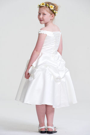 Ivory Lace-Up Off-the-Shoulder Satin Flower Girl Dress with Pick-Up Skirt