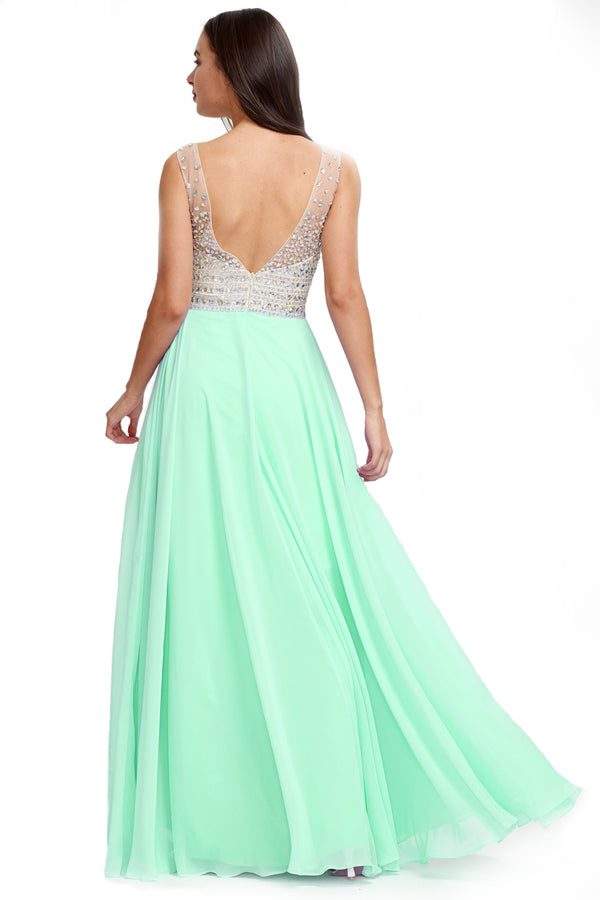 Green Low-Back Beaded V-Neck Chiffon A-Line Prom Dress