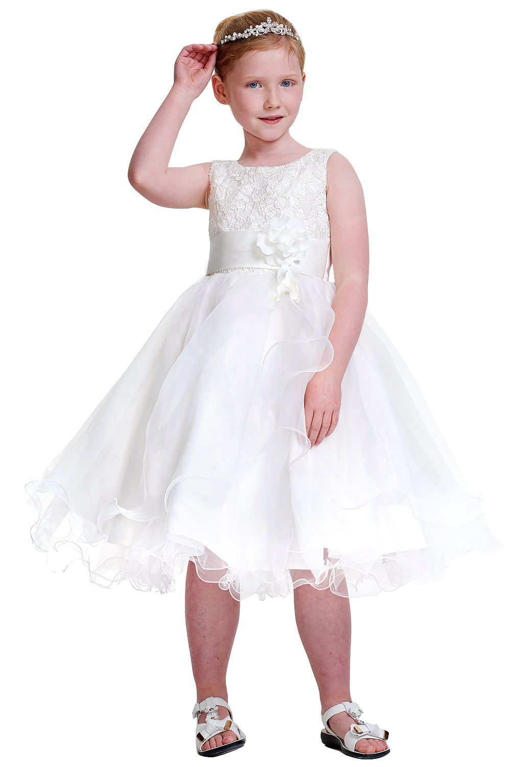 Ruffled Organza Flower Girl Dress with Lace Bodice and Floral Sash