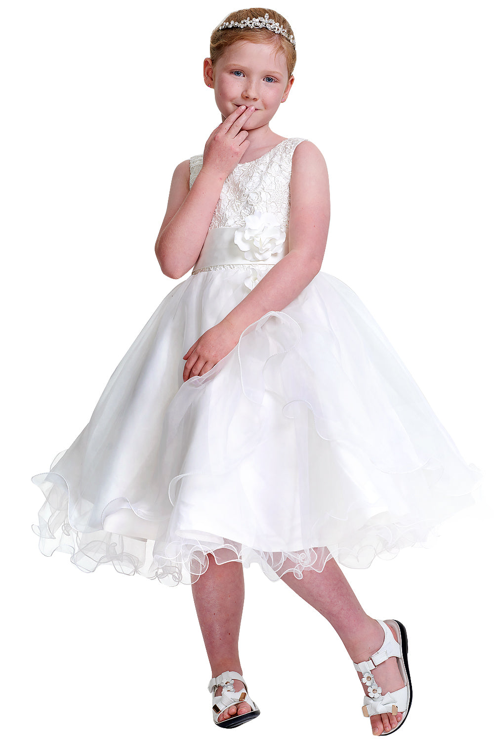 Ruffled Organza Flower Girl Dress with Lace Bodice and Floral Sash