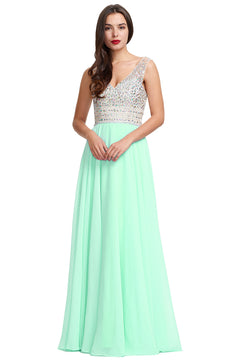 Green Low-Back Beaded V-Neck Chiffon A-Line Prom Dress