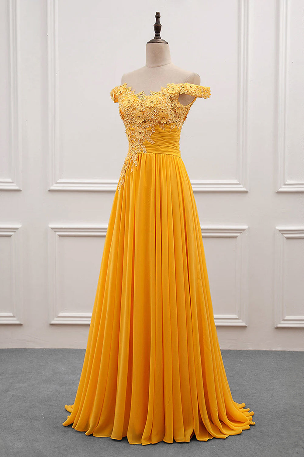 Ruched Off-the-Shoulder Lace and Chiffon A-Line Bridesmaid Dress