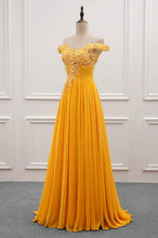 A-Line/Princess Chiffon Floor-Length Off-the-Shoulder Long Prom Dresses with Appliques Lace
