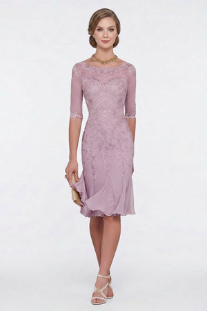 Half-Sleeve Lace Sheath Mother of the Bride Dress with Chiffon Ruffle Hem