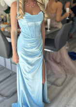 Sky Blue Pleated Slim Fitted Satin Slit Prom Dresses