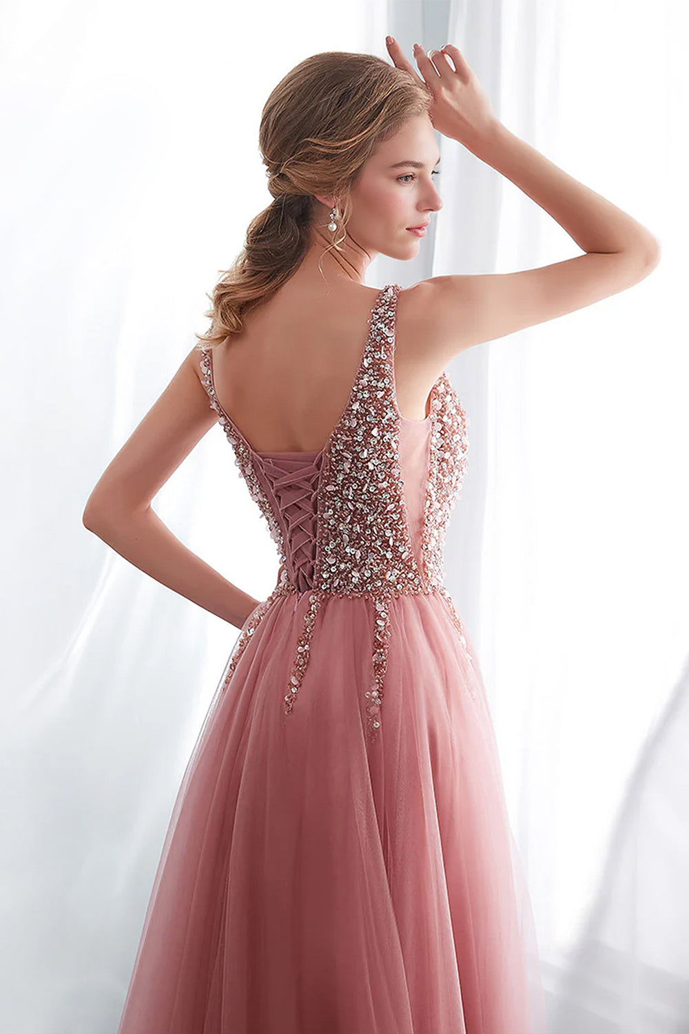 Beaded Tulle A-Line Prom Dress with Lace-Up Back and High Slit