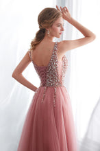 Tulle V-neck  A-line Floor-Length Sleeveless  Prom Dress With Beadings
