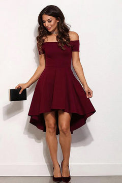 Burgundy Off-the-Shoulder Matte Satin High-Low A-Line Cocktail Dress