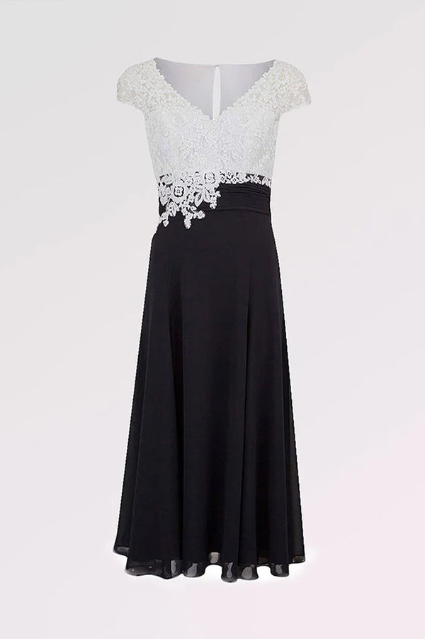 Tea-Length Cap-Sleeve Lace and Chiffon Mother of the Bride Dress