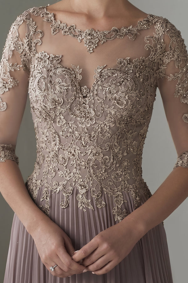 Dusk 3/4-Sleeve Lace and Pleated Chiffon Mother of the Bride Gown