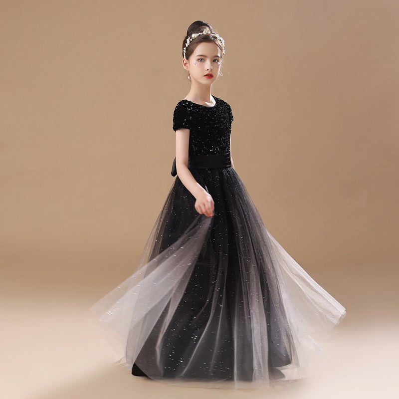 Chic Black Princess Round Neck 1/2 Sleeves Tulle Sequins Flower Girl Dress