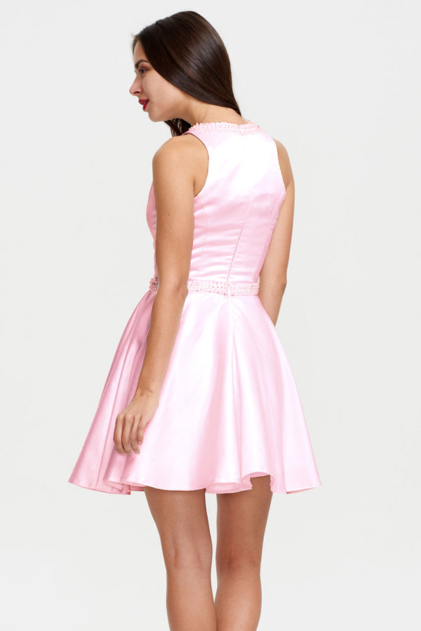 Candy Pink High-Neck Satin A-Line Short Homecoming Dress