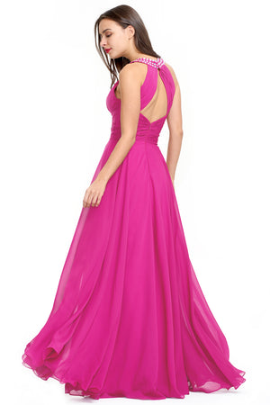 Fuchsia Halter Chiffon A-Line Evening Dress with Keyhole Neckline