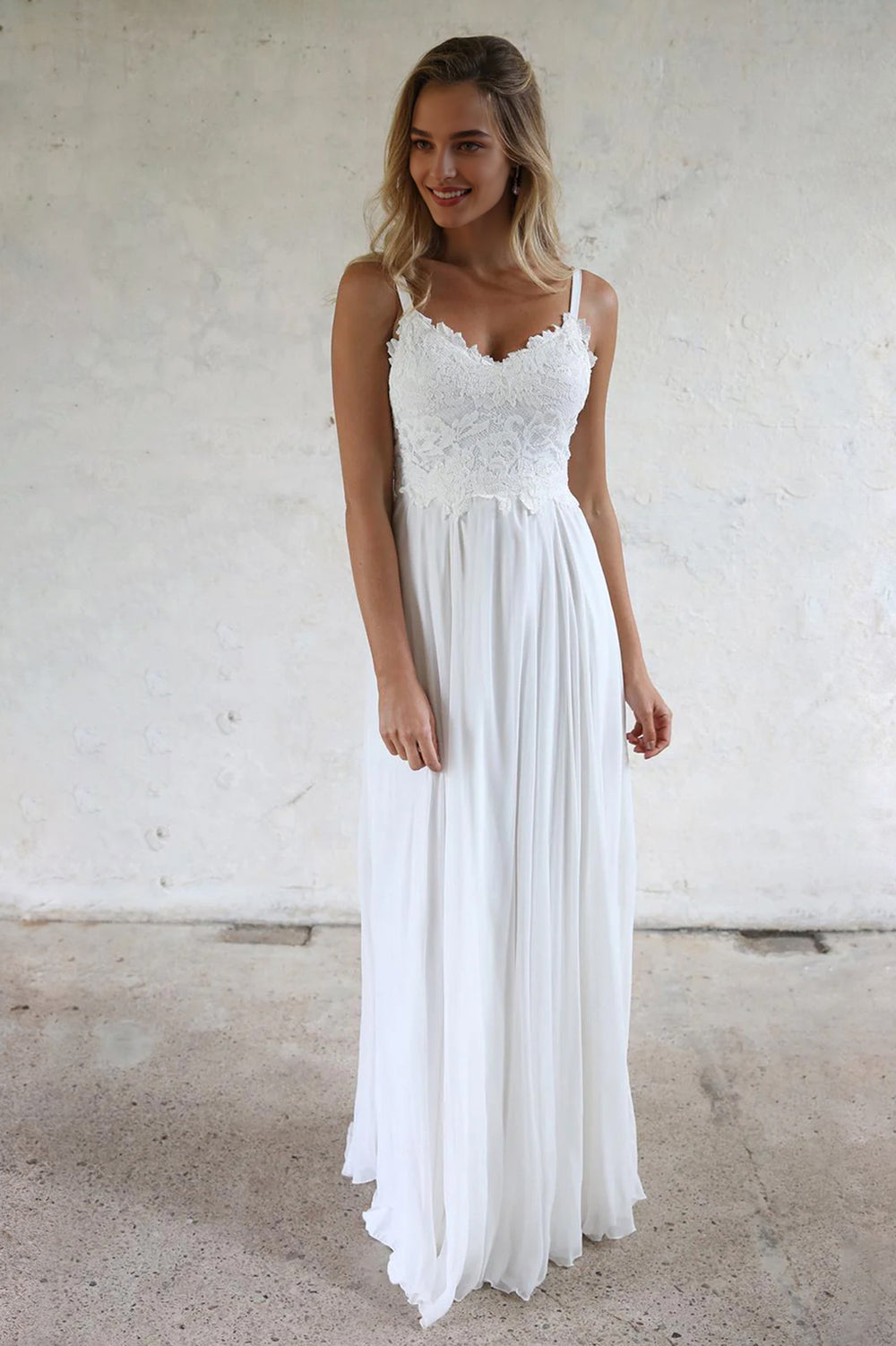 Low-Back Lace and Chiffon A-Line Wedding Dress with Slim Straps