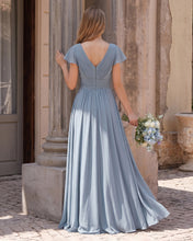 Dusty Blue A-line V Neck Long Floor-Length Chiffon Dresses