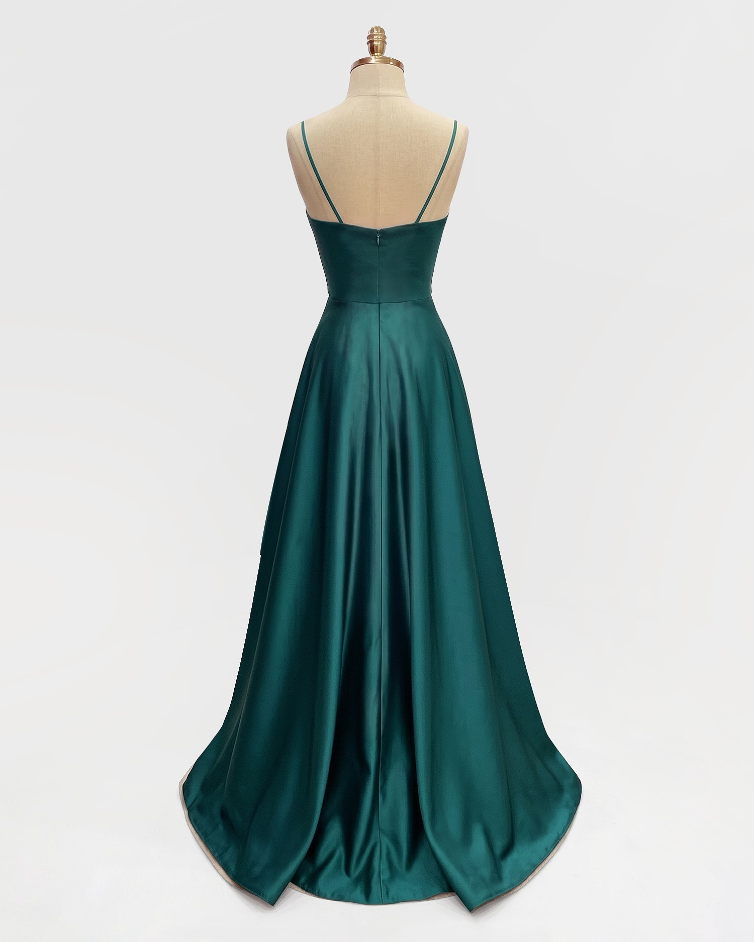 A-line Spaghetti Straps Sweep Train Satin Prom Dress With Pleated