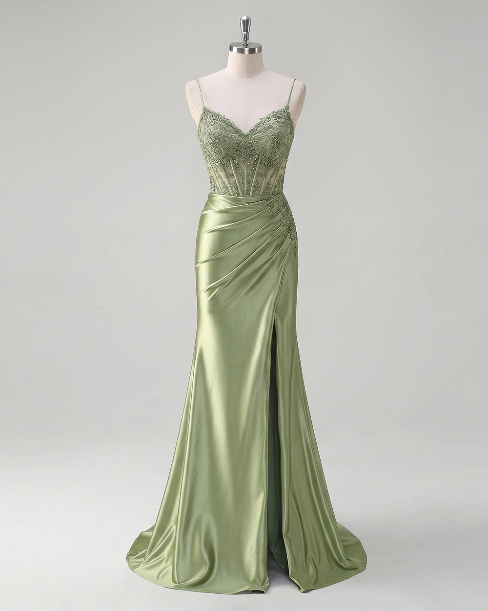 Lace Corset Stretch Satin Mermaid Prom Dress with High Slit