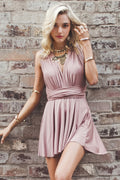 Dusty Rose Convertible Matte Satin A-Line Homecoming Dress with Wrap Waist
