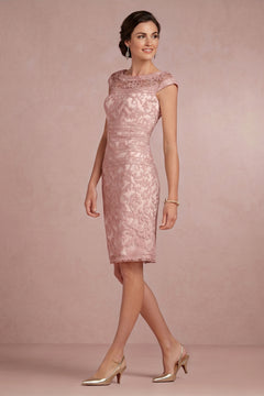 Dusty Rose Cap-Sleeve Illusion-Neck Lace Sheath Mother of the Bride Dress