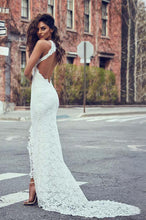 High Neck Sheath/Column Backless Lace Boho Wedding Dress with Long Train