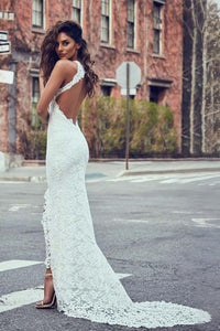 High Neck Sheath/Column Backless Lace Boho Wedding Dress with Long Tra –  Angrila