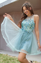 High Neck Floral Applique Tulle Short Homecoming Dress with Keyhole Back