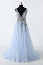 V-Neck Sequined Bodice Tulle Prom Dresses with Slit