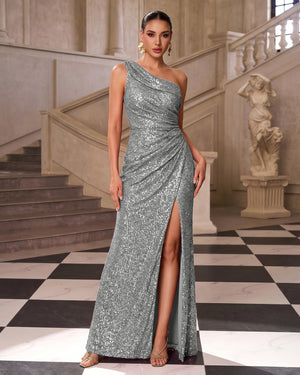 Rose Gold Ruched One-Shoulder Sequin Sheath Prom Dress with High Slit