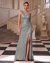 Sparkly Rose gold Sequin One Shoulder Ruched Long Prom Dress with Slit