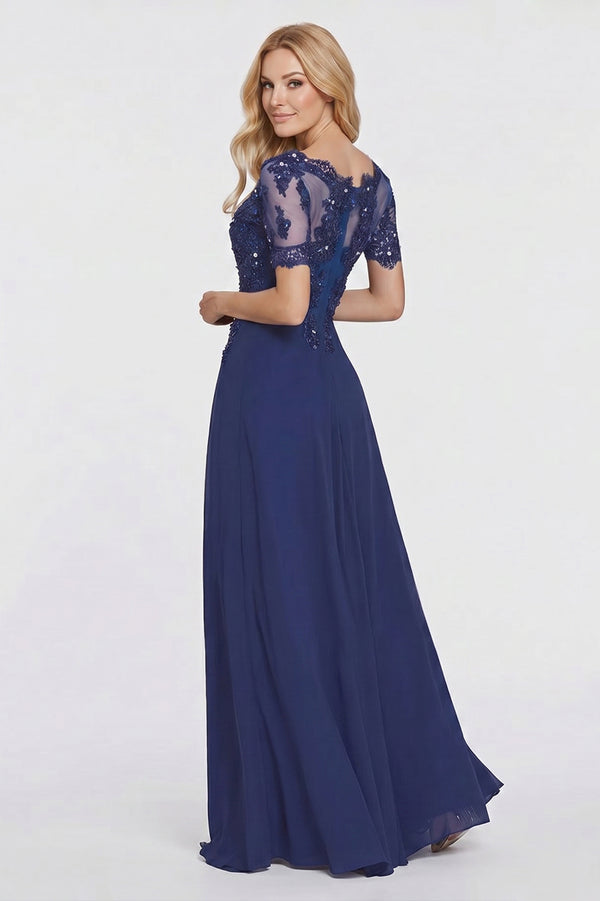 Illusion-Sleeve Lace and Chiffon A-Line Mother of the Bride Gown