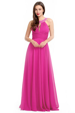 Fuchsia Halter Chiffon A-Line Evening Dress with Keyhole Neckline