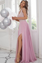 Sleeveless Lace Applique Chiffon Prom Dress with Open Back & Leg Slit